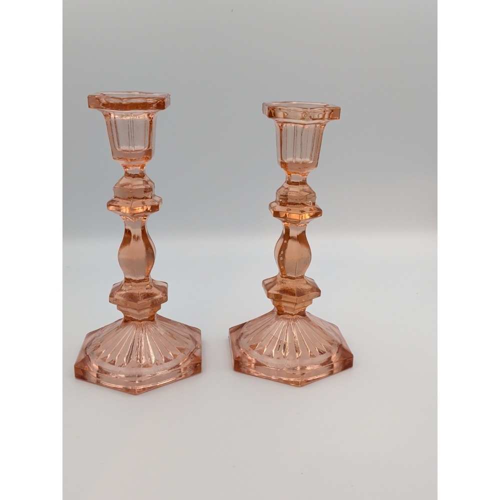 Pair of Vintage Deep Rose Pink Depression Glass Candlesticks, Beacon Hill 7.5"